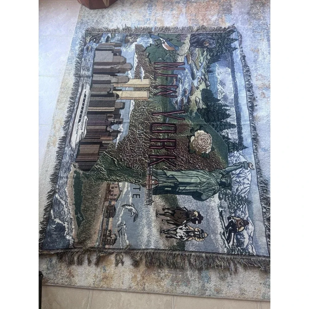 New York Vintage Tapestry Blanket Throw Twin Towers Statue Of Liberty Fringe